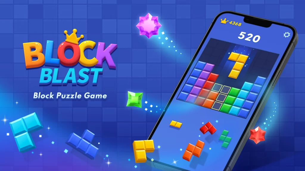 Gameplay do Block Blast com coroas infinitas e power‑ups ativados