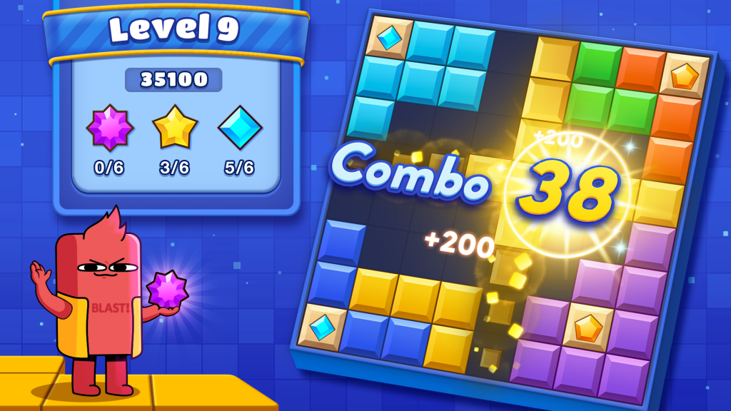 Gameplay do Block Blast com coroas infinitas e power‑ups ativados