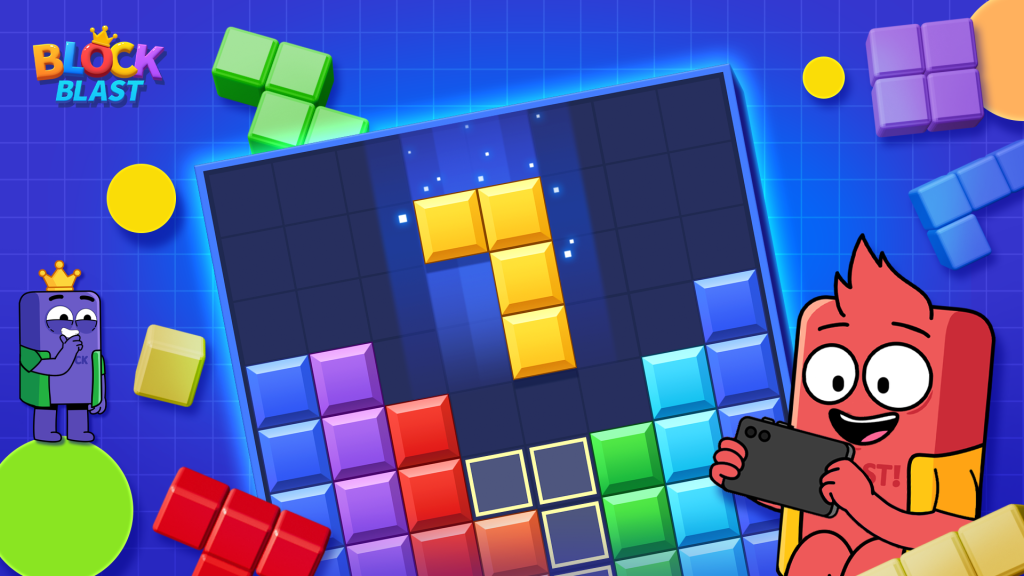 Gameplay do Block Blast com coroas infinitas e power‑ups ativados